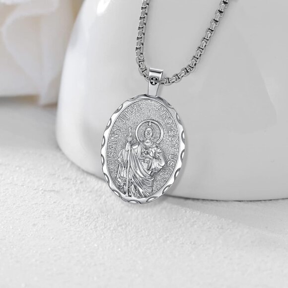 Saint Jude Medal Necklace, Silver Plated Religious Pendant - Picture 4 of 7